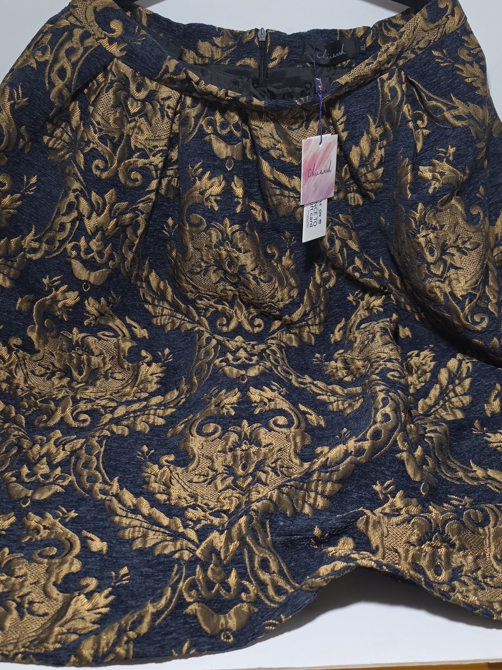 NWT Chicwish Navy and Gold Jacquard Midi Skirt